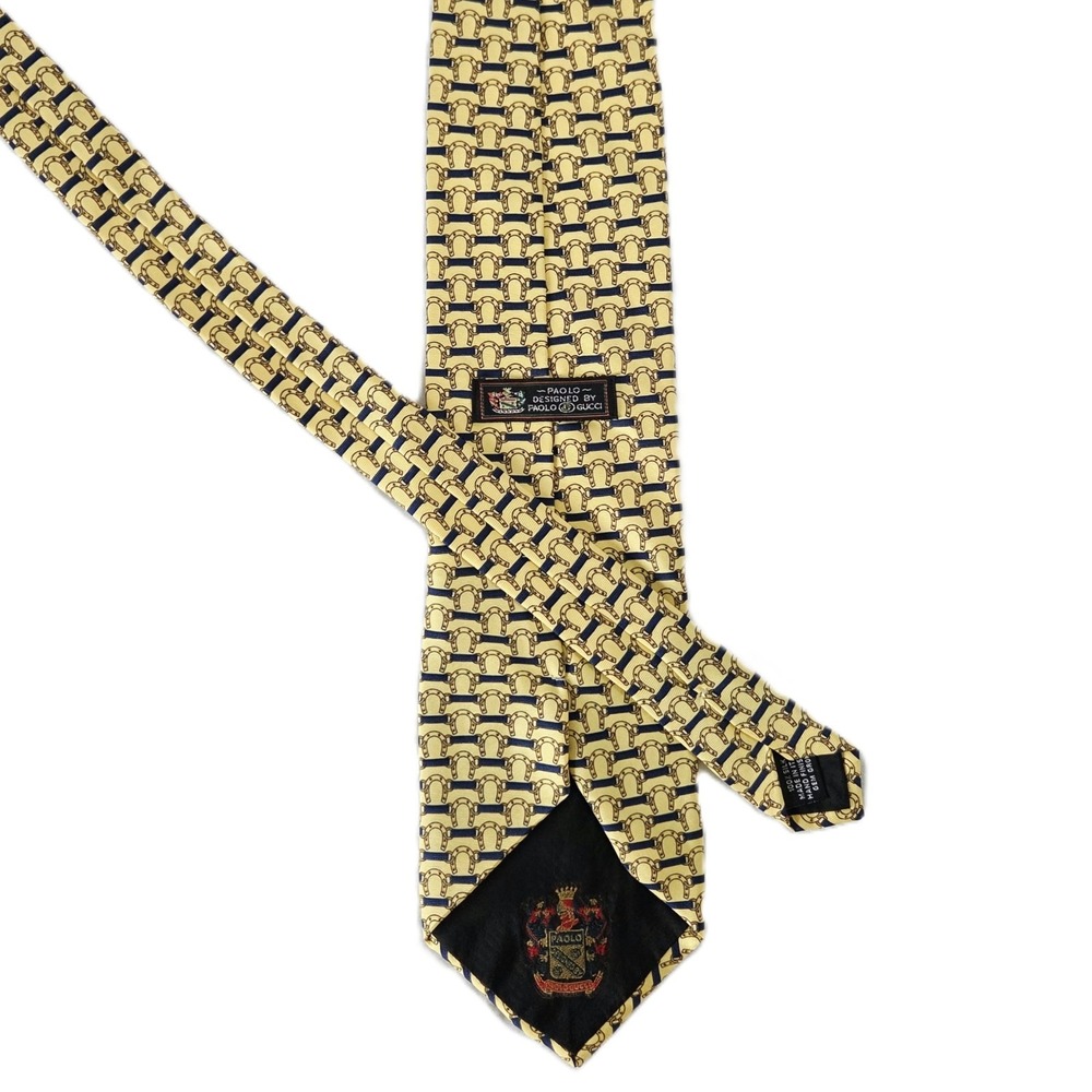 Vintage Paolo Gucci Silk Tie Equestrian Stirrup Chain Yellow Navy Made in Italy - Picture 3 of 3
